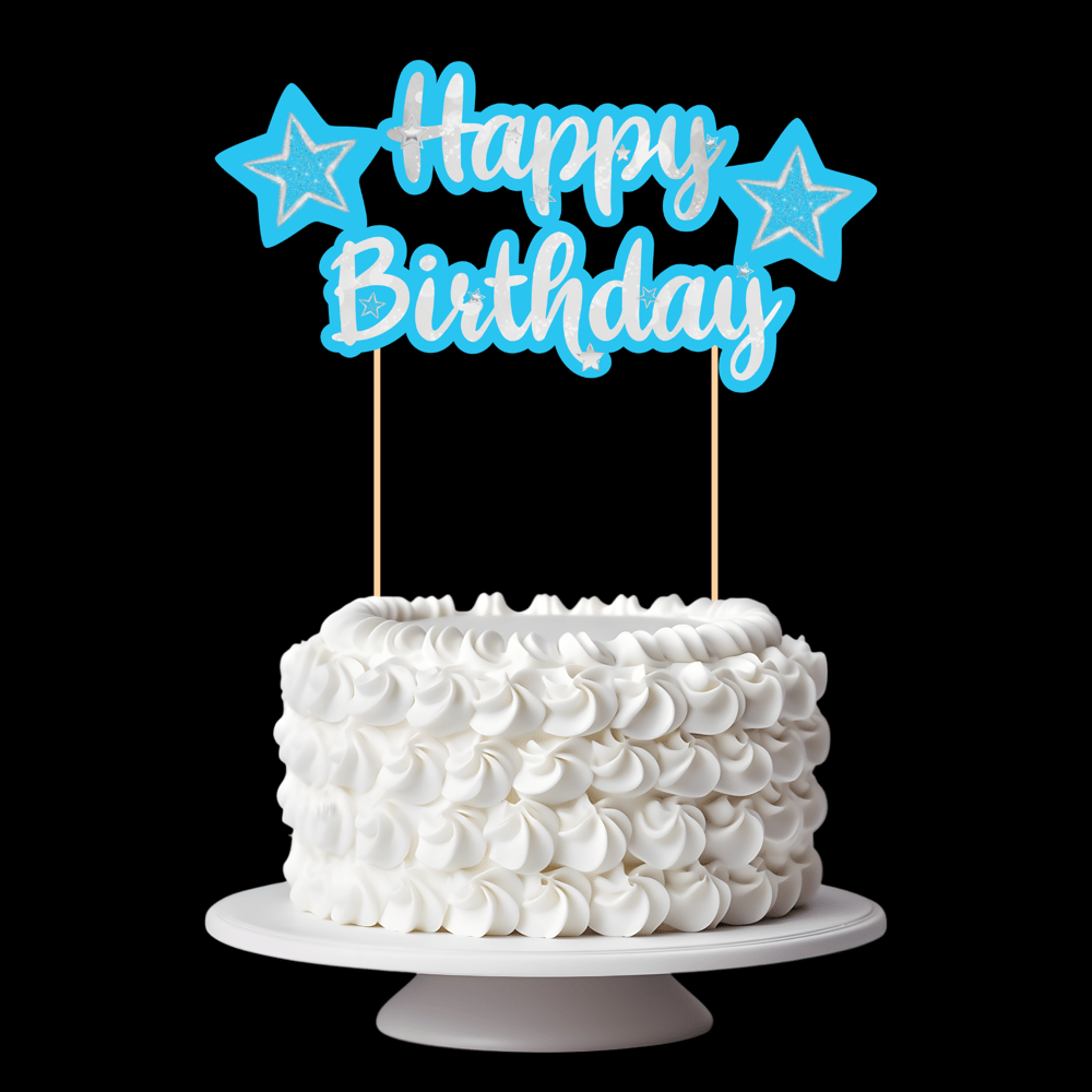 Mavi Gümüş Yıldız Temalı Happy Birthday Kaligrafi Pasta Üstü Süs