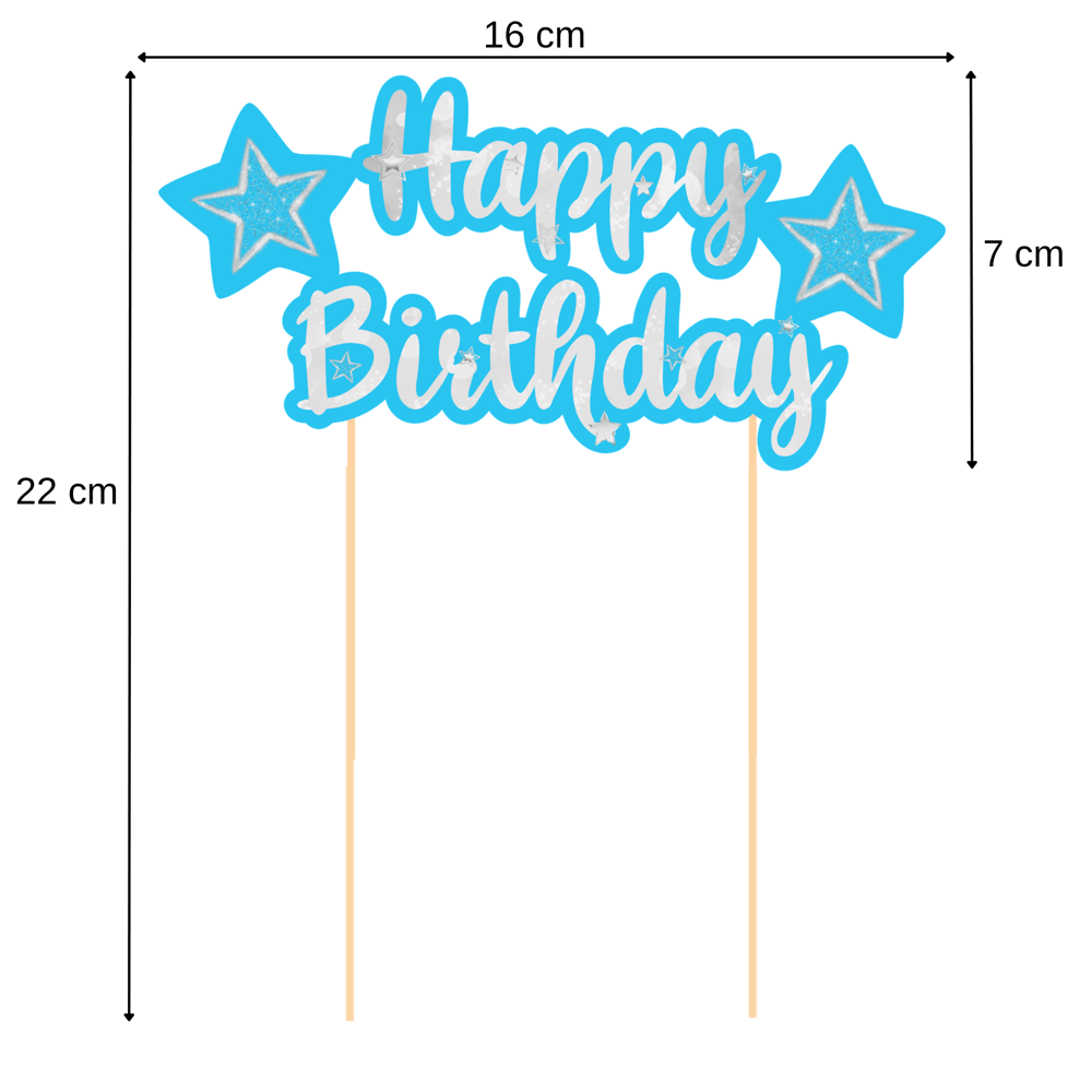 Mavi Gümüş Yıldız Temalı Happy Birthday Kaligrafi Pasta Üstü Süs