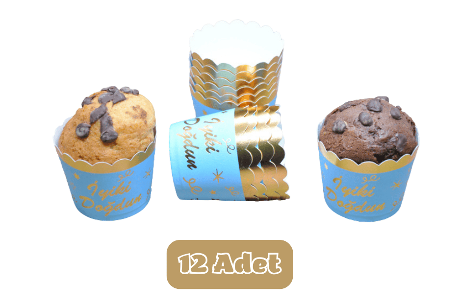 Metalik Mavi Üzeri Altın İyiki Doğdun Temalı Cupcake Muffin Kalıbı