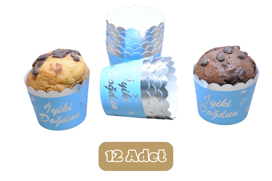 Metalik Mavi Üzeri Gümüş İyiki Doğdun Temalı Cupcake Muffin Kalıbı