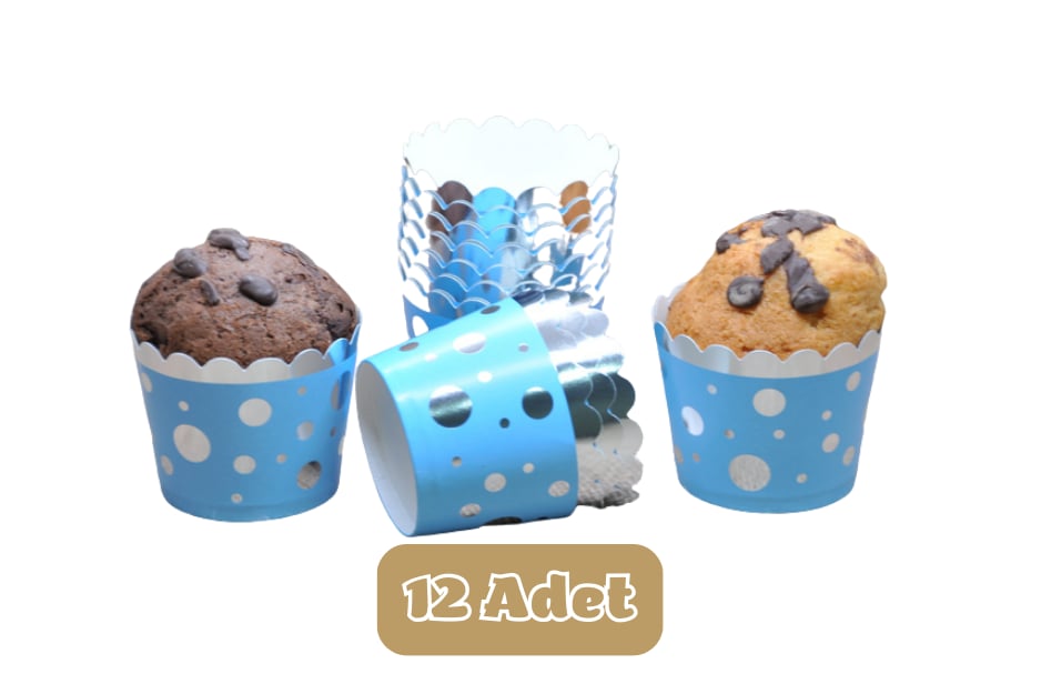 Metalik Mavi Üzeri Gümüş Puanlı Cupcake Muffin Kalıbı