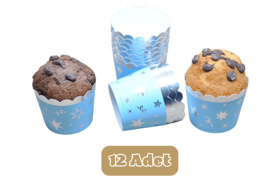 Metalik Mavi Üzeri Gümüş Yıldız Temalı Cupcake Muffin Kalıbı