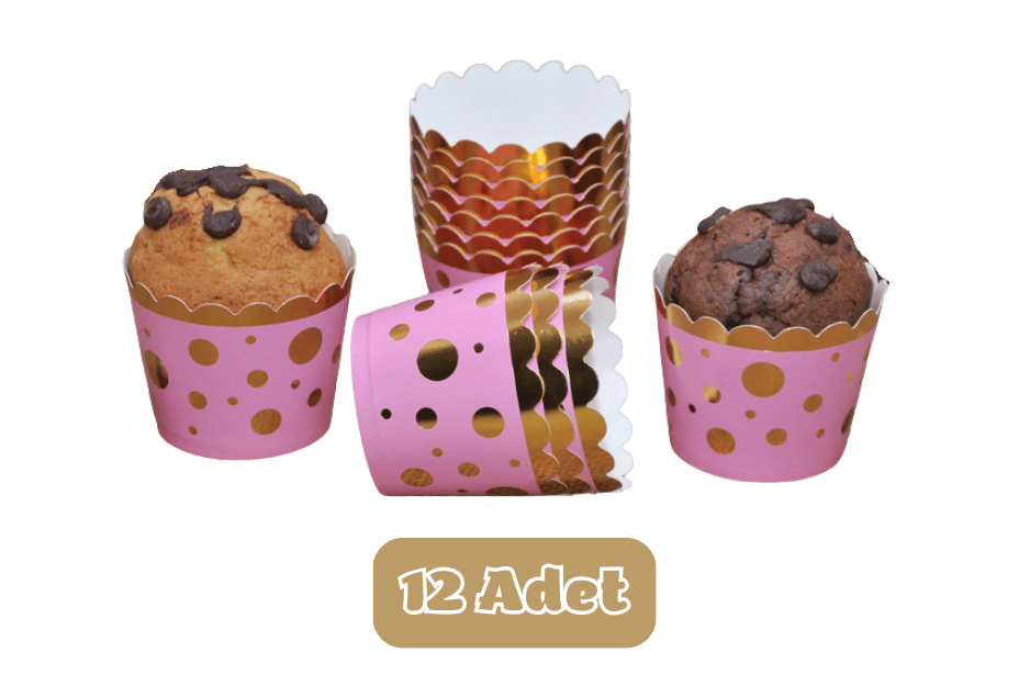 Metalik Pembe Üzeri Altın Puanlı Cupcake Muffin Kalıbı