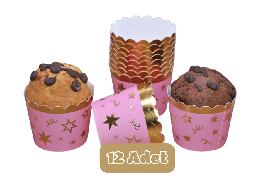 Metalik Pembe Üzeri Altın Yıldız Temalı Cupcake Muffin Kalıbı