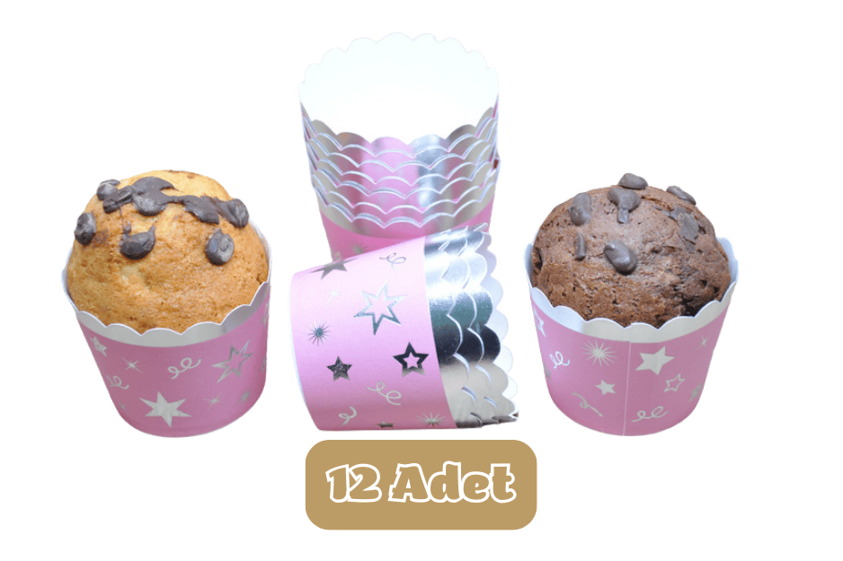Metalik Pembe Üzeri Gümüş Yıldız Temalı Cupcake Muffin Kalıbı
