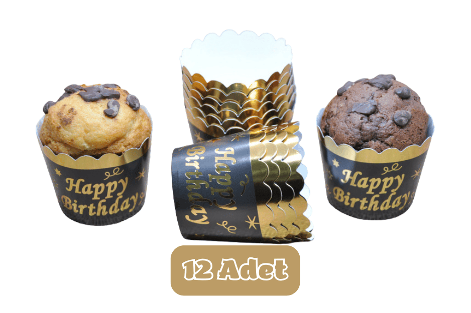 Metalik Siyah Üzeri Altın Happy Birthday Temalı Cupcake Muffin Kalıbı