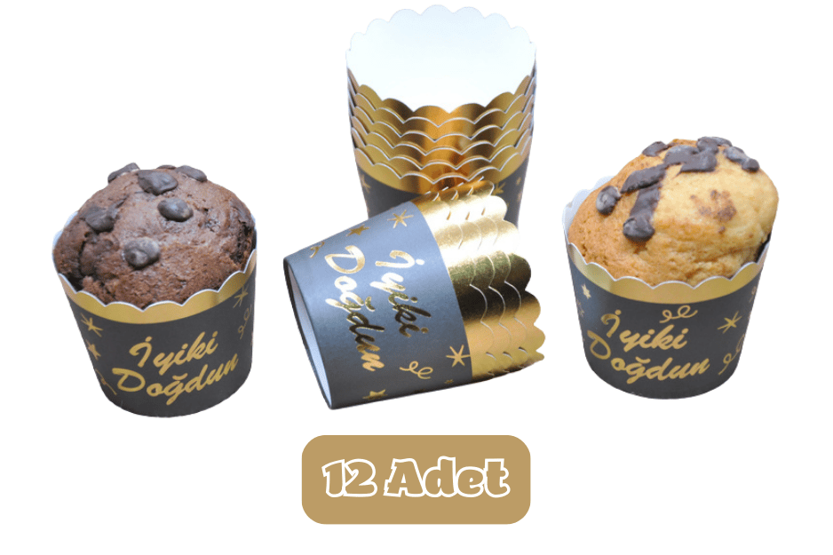 Metalik Siyah Üzeri Altın İyiki Doğdun Temalı Cupcake Muffin Kalıbı