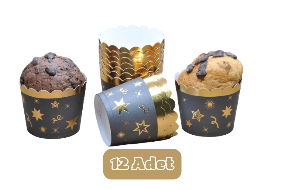 Metalik Siyah Üzeri Altın Yıldız Temalı Cupcake Muffin Kalıbı