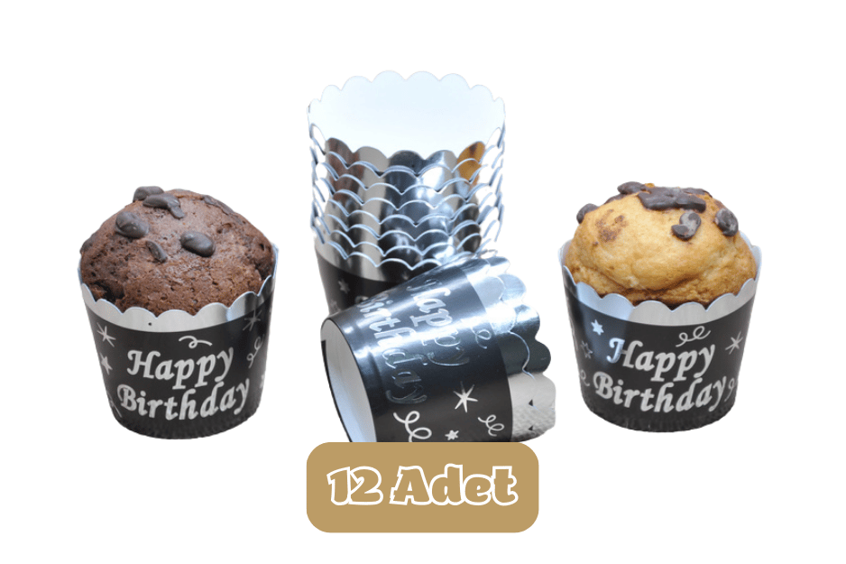 Metalik Siyah Üzeri Gümüş Happy Birthday Temalı Cupcake Muffin Kalıbı