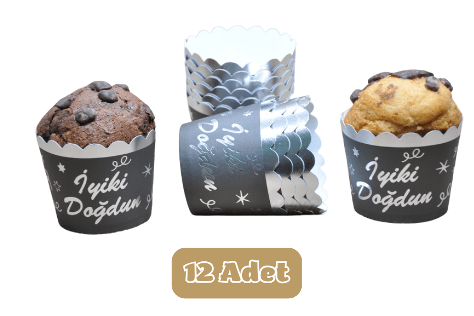 Metalik Siyah Üzeri Gümüş İyiki Doğdun Temalı Cupcake Muffin Kalıbı