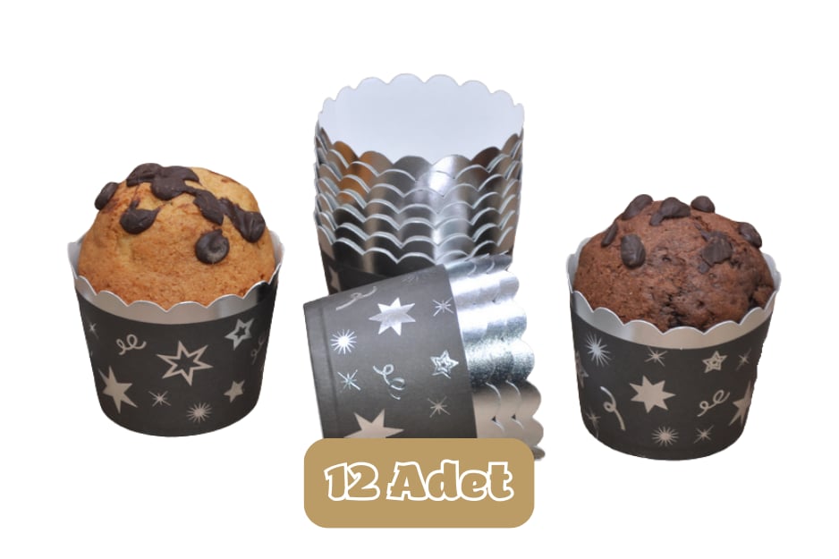 Metalik Siyah Üzeri Gümüş Yıldız Temalı Cupcake Muffin Kalıbı