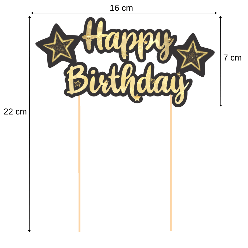 Siyah Altın Yıldız Temalı Happy Birthday Kaligrafi Pasta Üstü Süs