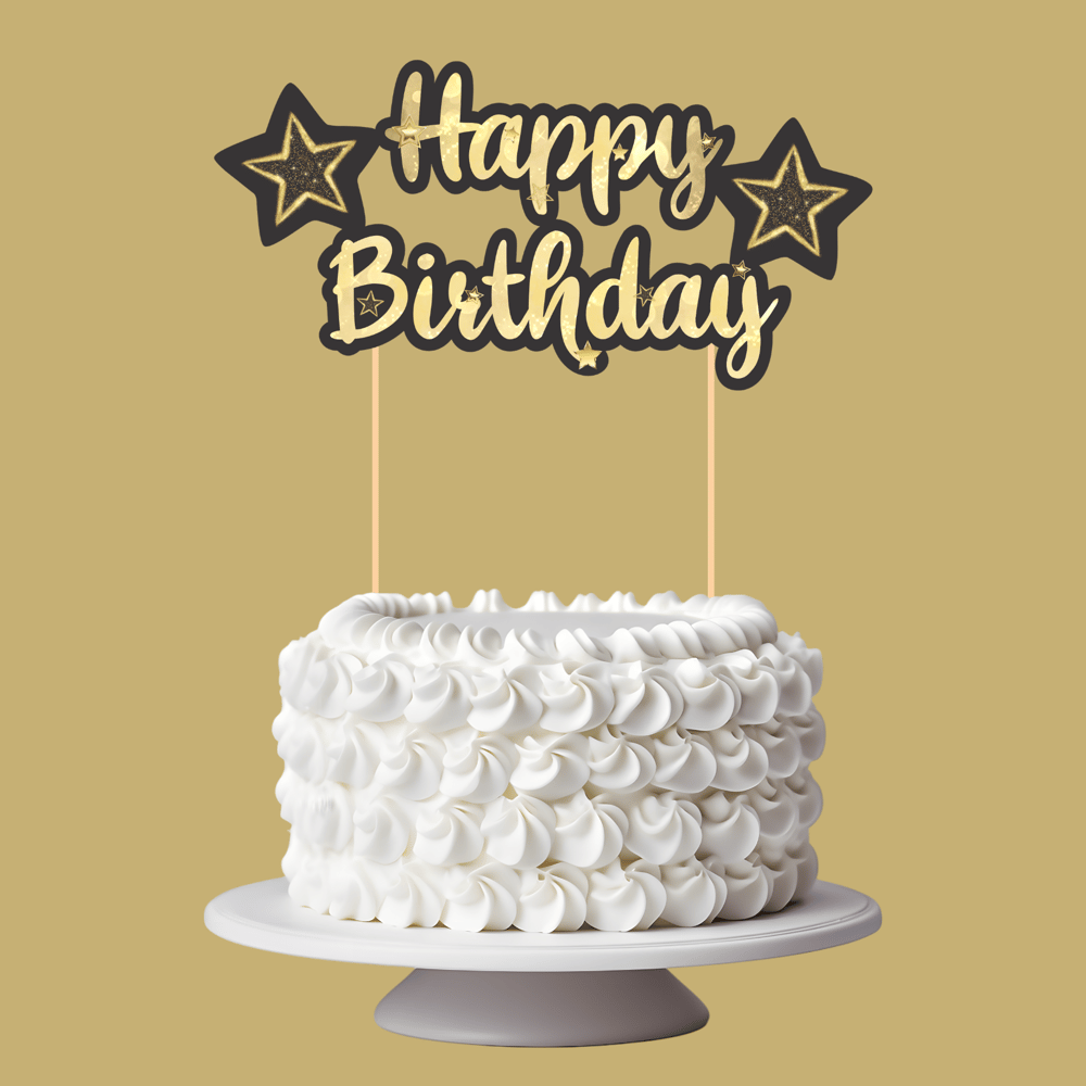 Siyah Altın Yıldız Temalı Happy Birthday Kaligrafi Pasta Üstü Süs