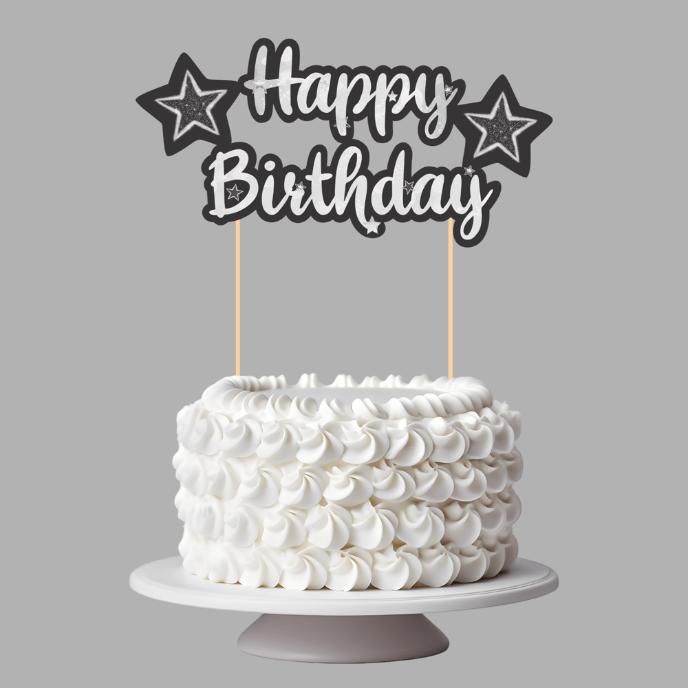 Siyah Gümüş Yıldız Temalı Happy Birthday Kaligrafi Pasta Üstü Süs