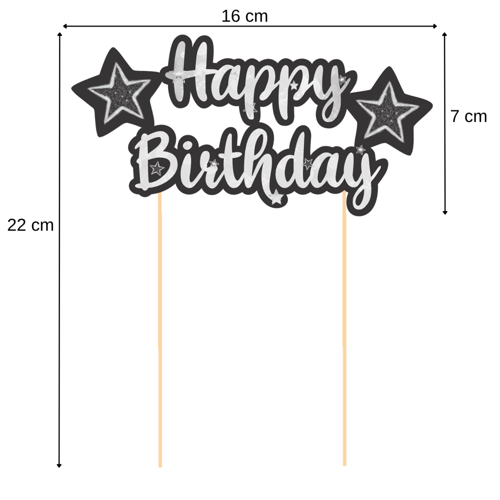 Siyah Gümüş Yıldız Temalı Happy Birthday Kaligrafi Pasta Üstü Süs