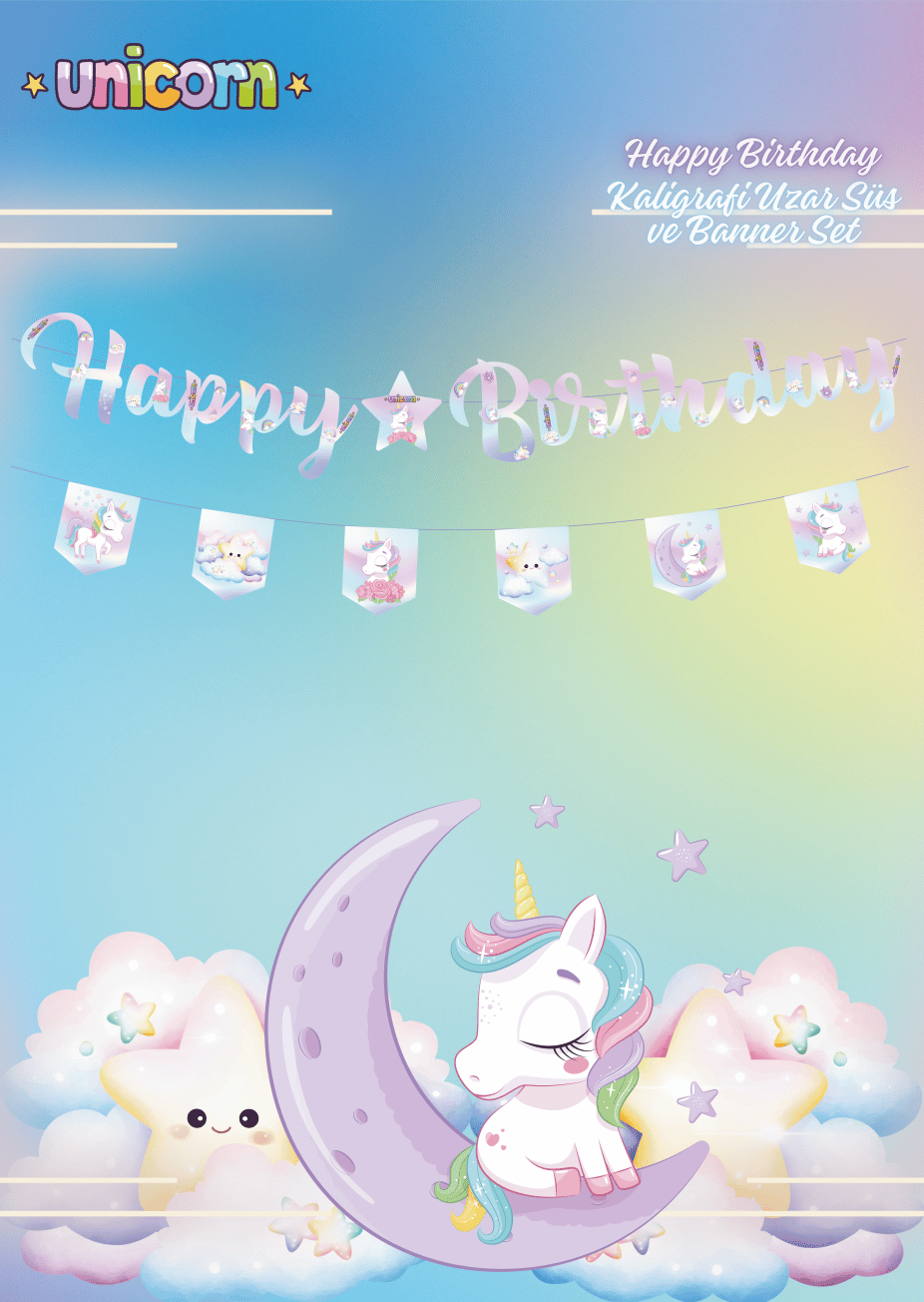 Unicorn Happy Birthday Kaligrafi ve Banner Set