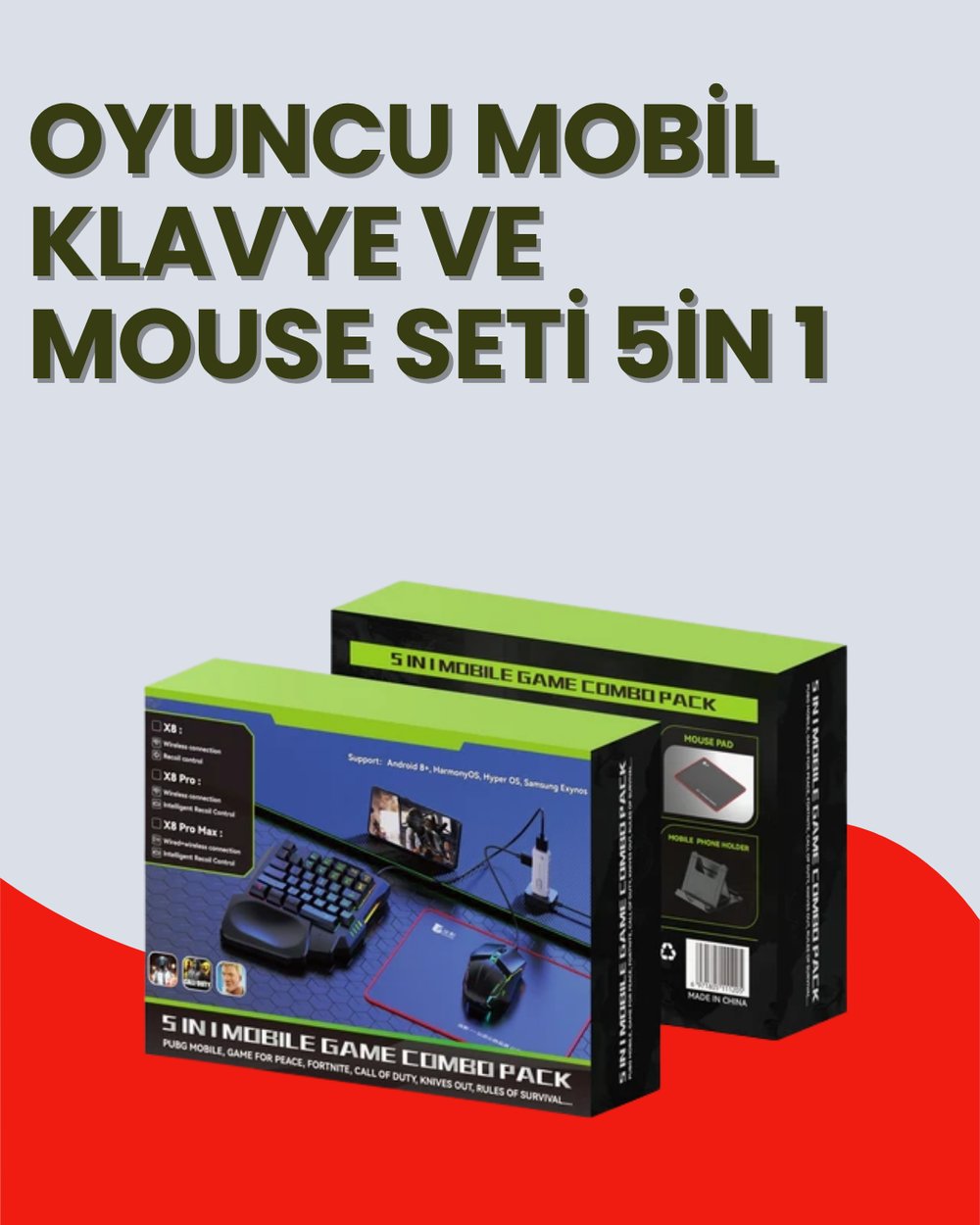 Mobil Uyumlu Klavye Mouse Seti – PUBG ve FPS Oyunları İçin 5'i 1 Arada Oyun Kiti