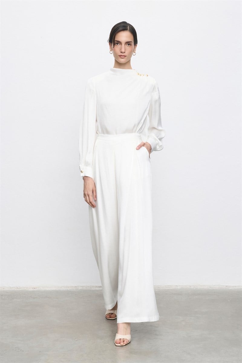 MİORİ BOİS TAŞLANMIŞ İPEK PANTOLONLU TAKIM EKRU