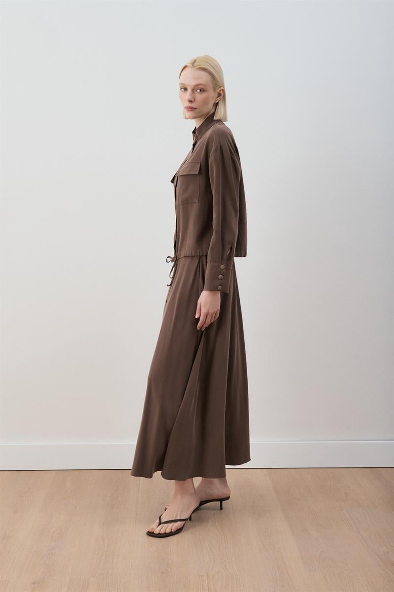 MİORİ LORES TAŞLANMIŞ MODAL ETEKLİ TAKIM KAHVE