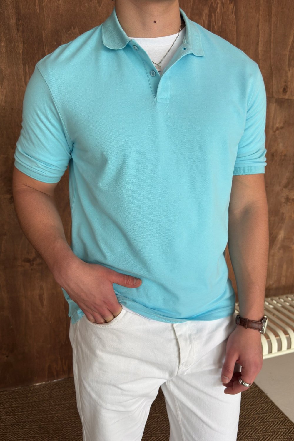 Erkek %100 Pamuk Düğmeli Polo Yaka T-Shirt Turkuaz
