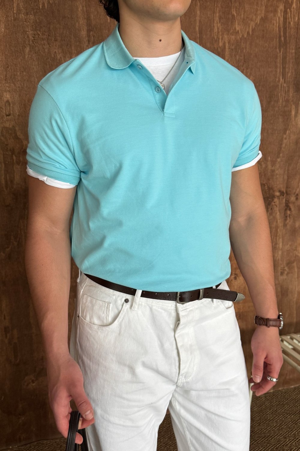 Erkek %100 Pamuk Düğmeli Polo Yaka T-Shirt Turkuaz