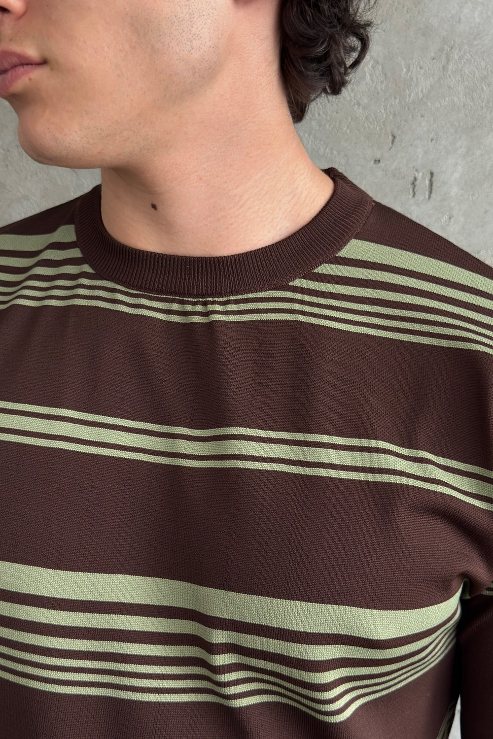 Erkek Bisiklet Yaka Oversize Çizgili Triko T-shirt Kahverengi