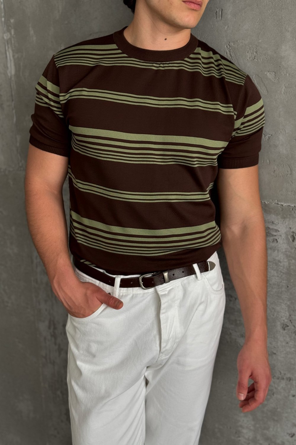 Erkek Bisiklet Yaka Oversize Çizgili Triko T-shirt Kahverengi