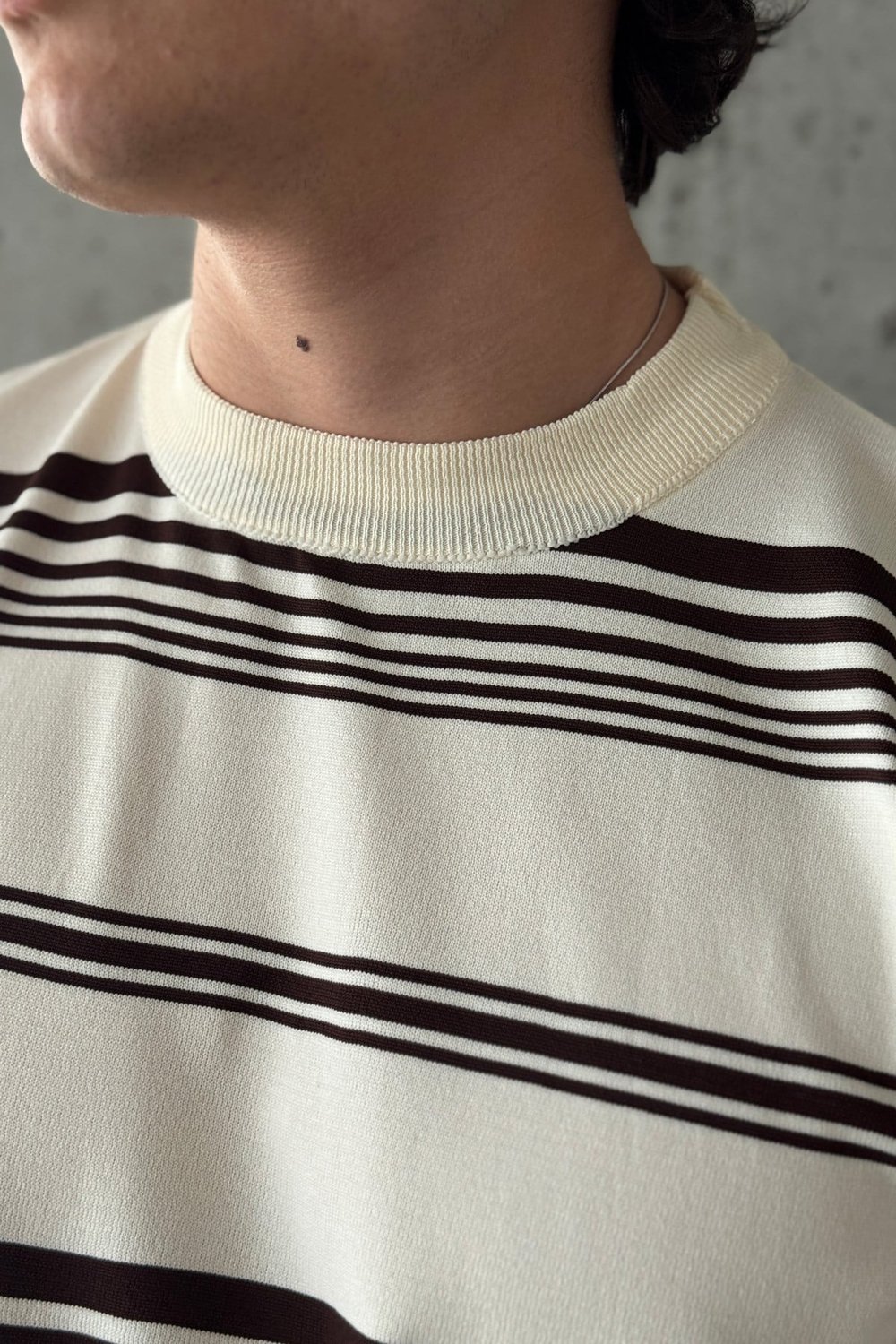 Erkek Bisiklet Yaka Oversize Çizgili Triko T-shirt Ekru