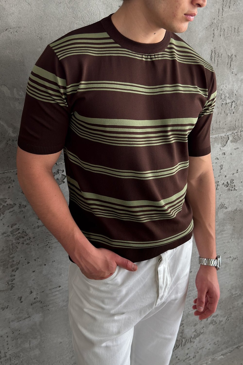 Erkek Bisiklet Yaka Oversize Çizgili Triko T-shirt Kahverengi