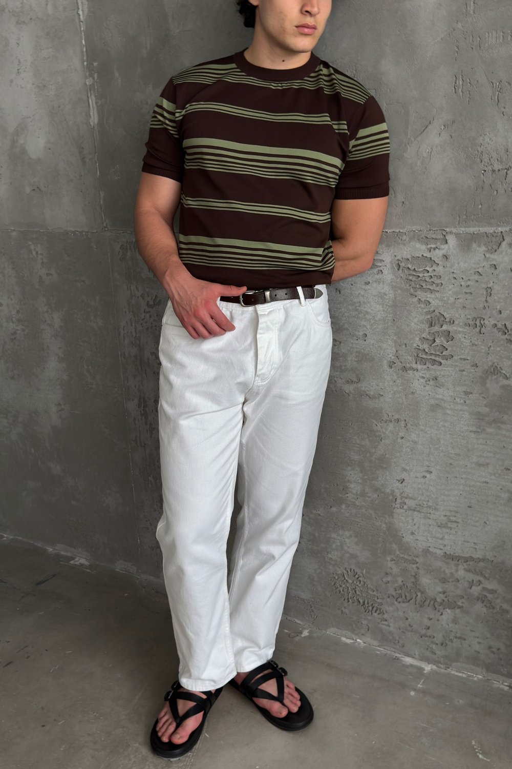Erkek Bisiklet Yaka Oversize Çizgili Triko T-shirt Kahverengi