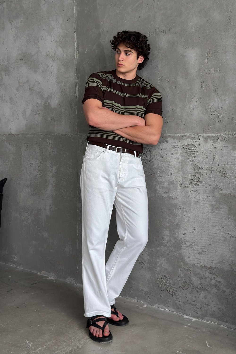 Erkek Bisiklet Yaka Oversize Çizgili Triko T-shirt Kahverengi