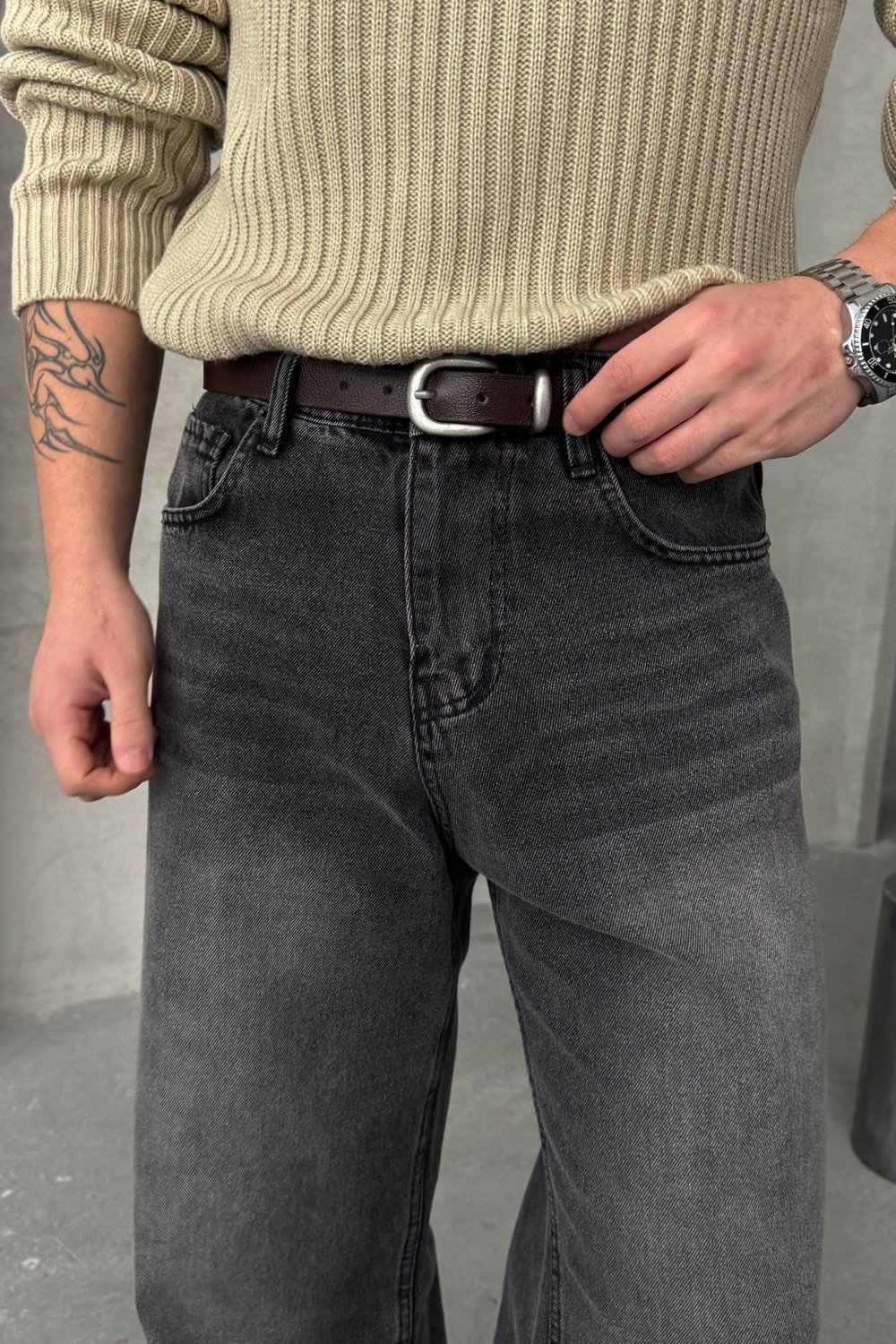 Erkek Ekstra Baggy Jean Pantolon Gri