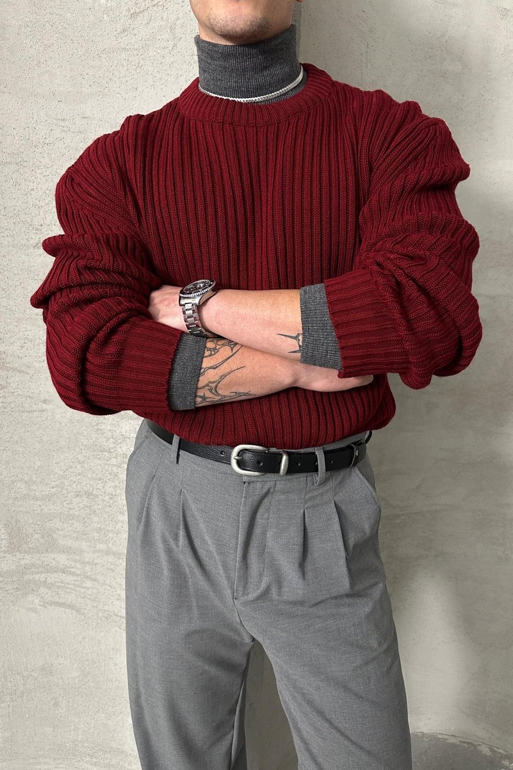 Erkek Fitilli Örme Oversize Kazak Bordo