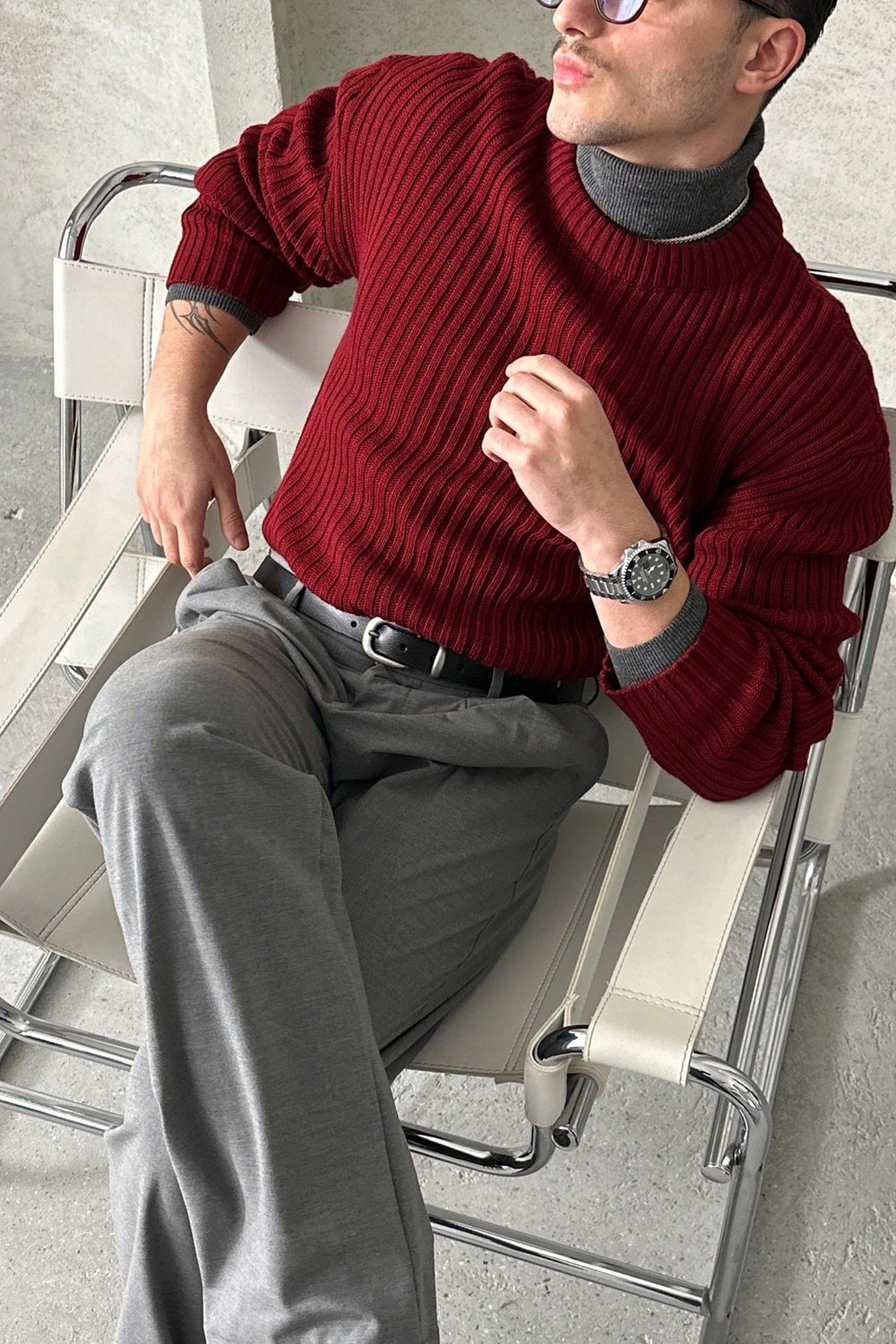 Erkek Fitilli Örme Oversize Kazak Bordo