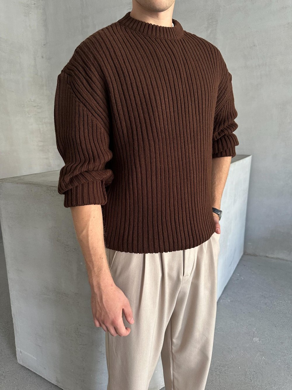 Erkek Fitilli Örme Oversize Kazak Kahverengi
