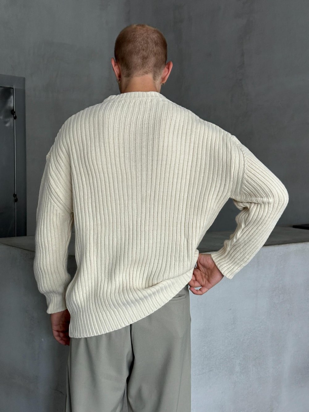 Erkek Fitilli Örme Oversize Kazak Krem