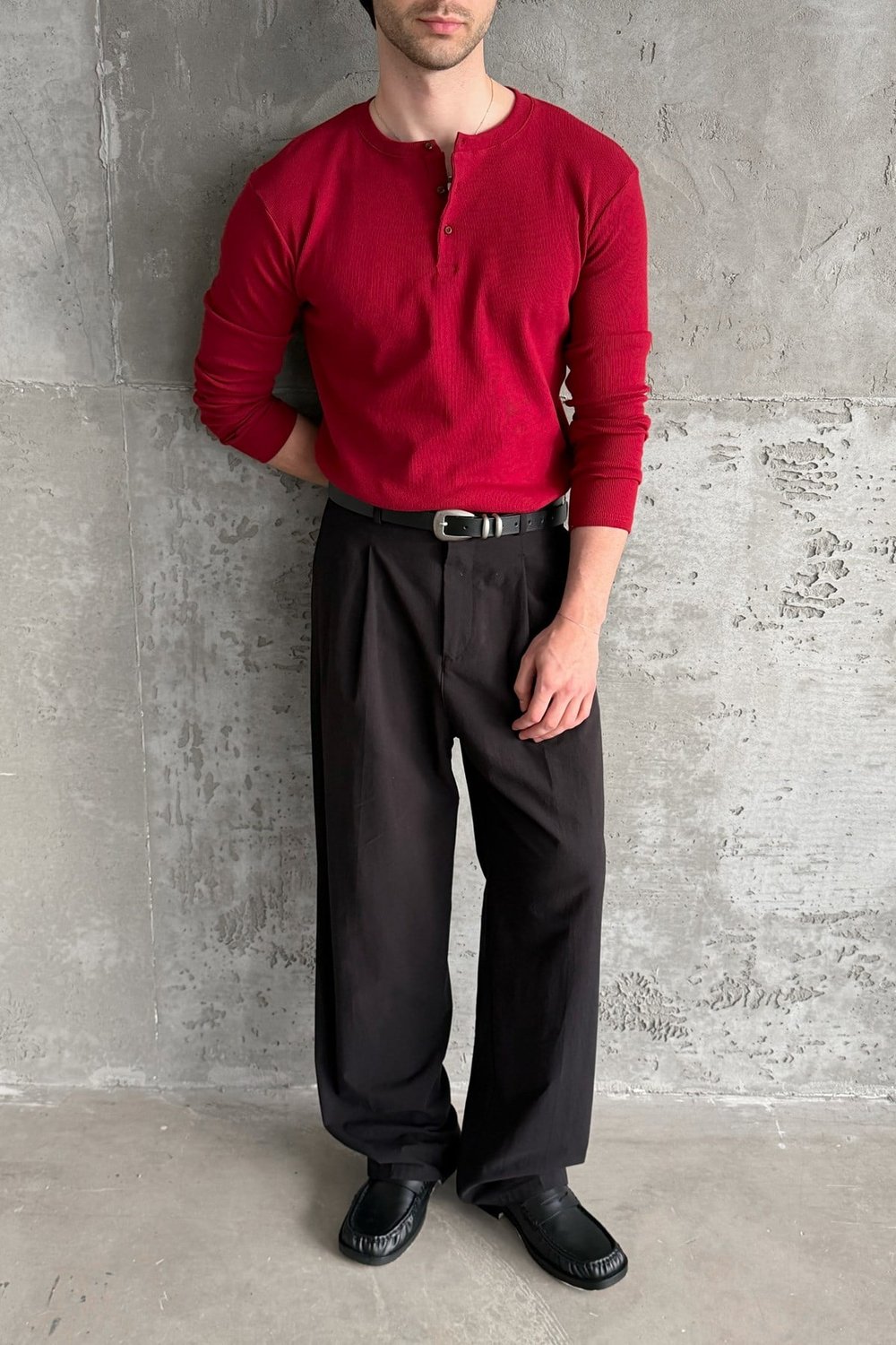 Erkek Henley Yaka Düğmeli Penye Bluz Kırmızı