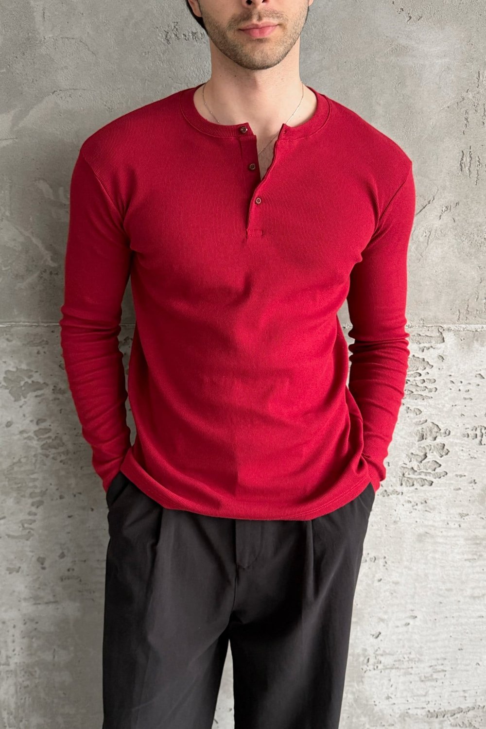 Erkek Henley Yaka Düğmeli Penye Bluz Kırmızı
