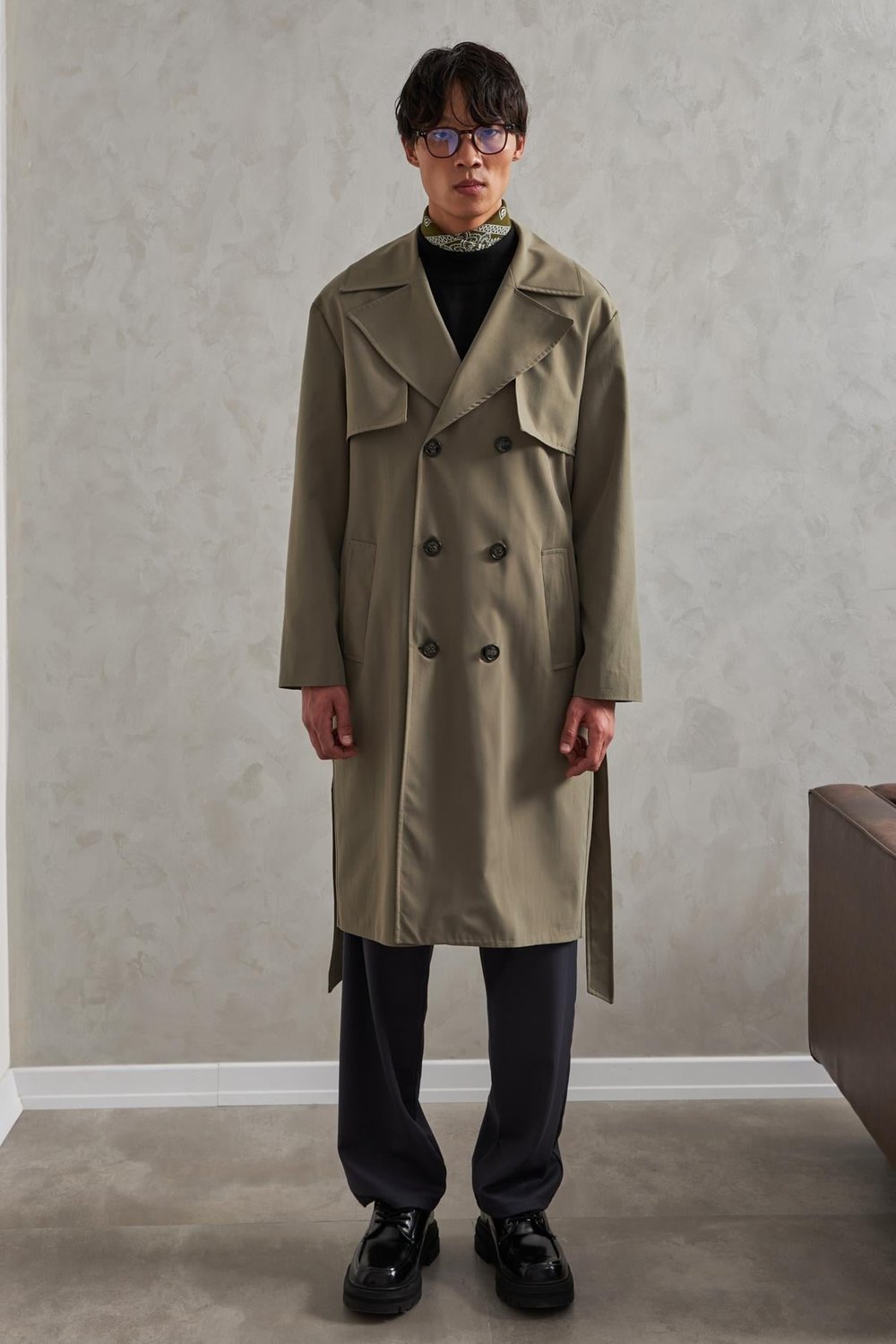Erkek Kruvaze Yaka Oversize Trençkot Haki