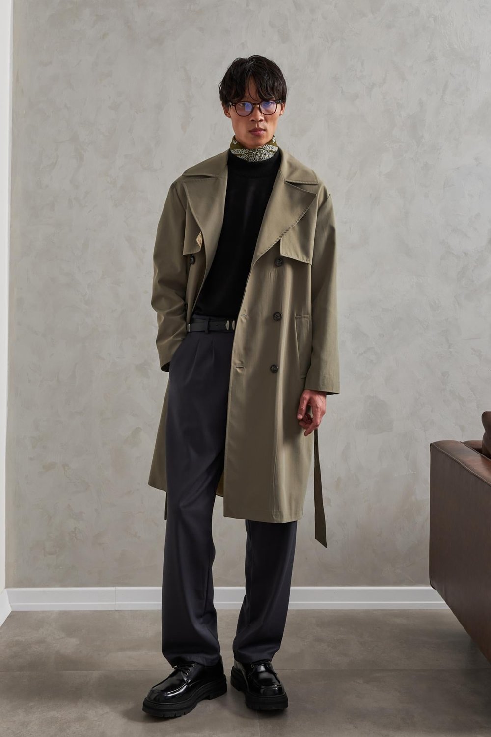 Erkek Kruvaze Yaka Oversize Trençkot Haki