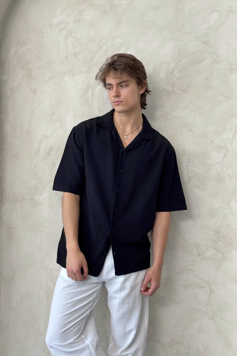 Erkek Oversize Apaş Yaka Kısa Kollu Keten Gömlek Siyah