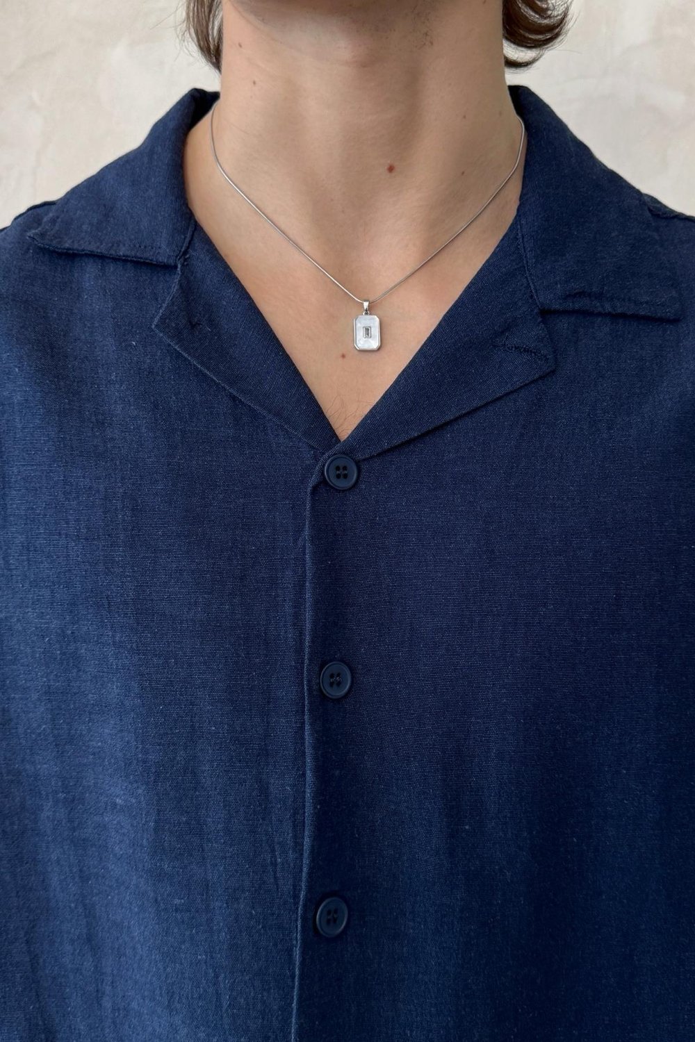 Outlet Oversize Apaş Yaka Kısa Kollu Keten Gömlek Lacivert