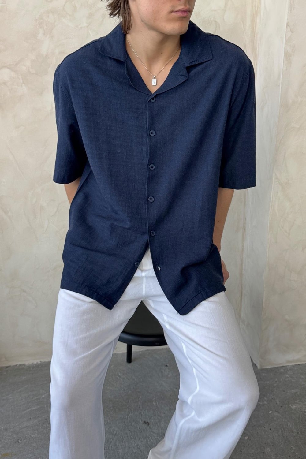 Outlet Oversize Apaş Yaka Kısa Kollu Keten Gömlek Lacivert