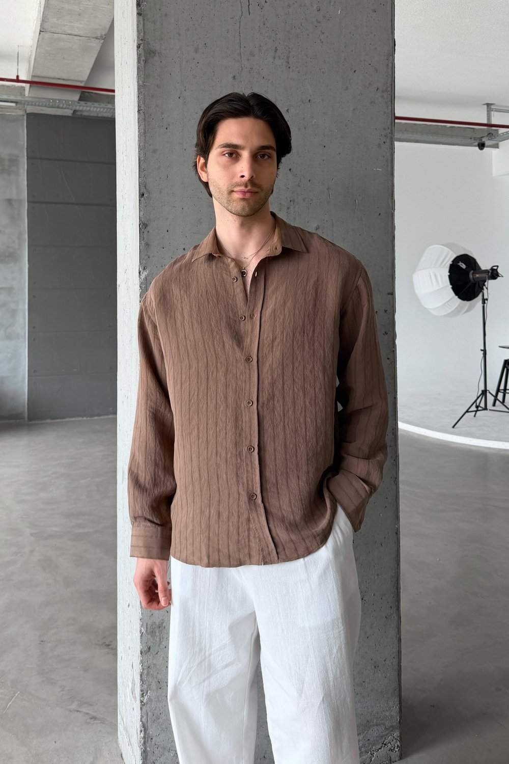 Erkek Oversize Çizgili Modal Gömlek Kahverengi