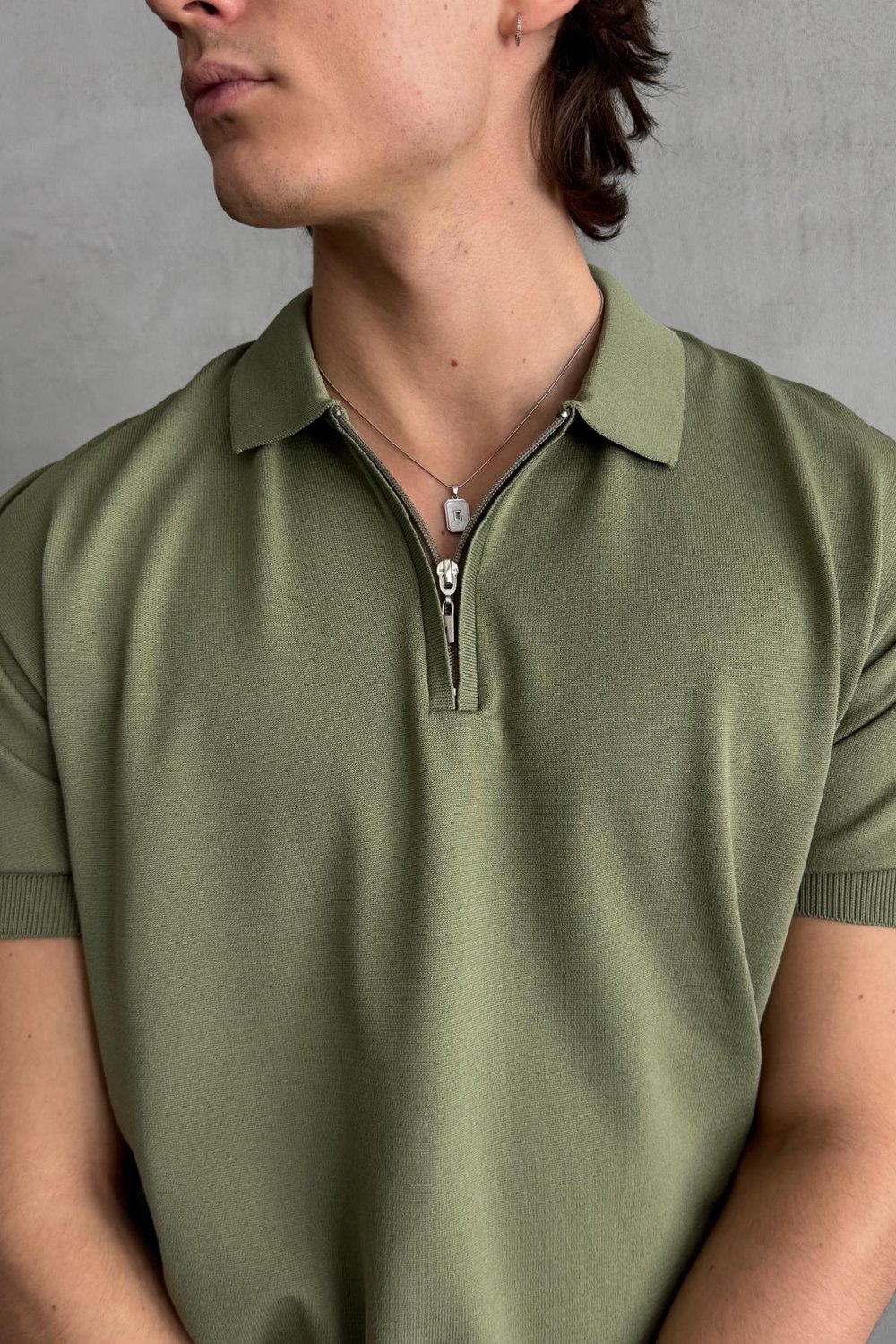 Erkek Oversize Fermuarlı Polo Yaka Triko T-Shirt Haki