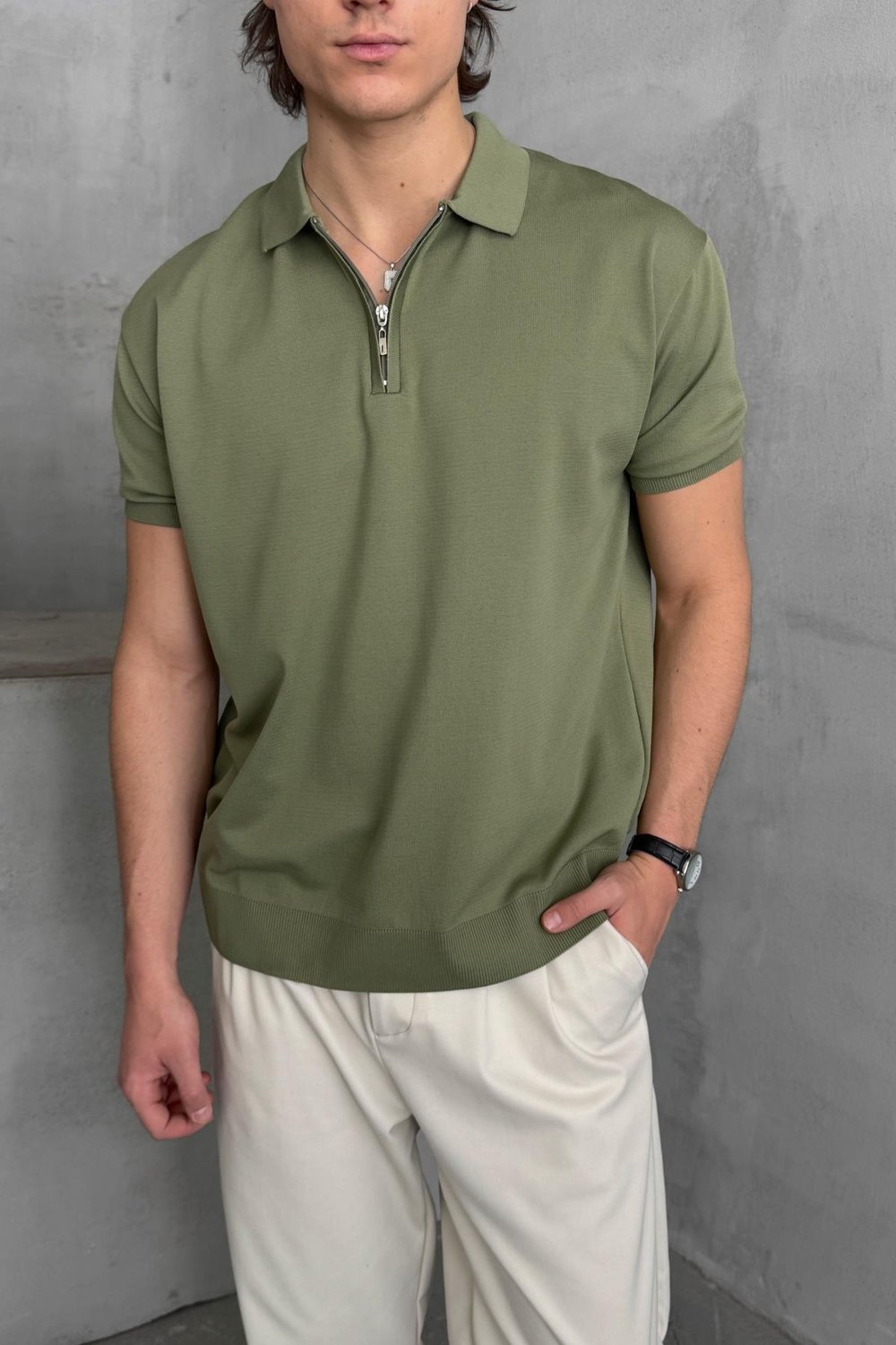 Erkek Oversize Fermuarlı Polo Yaka Triko T-Shirt Haki