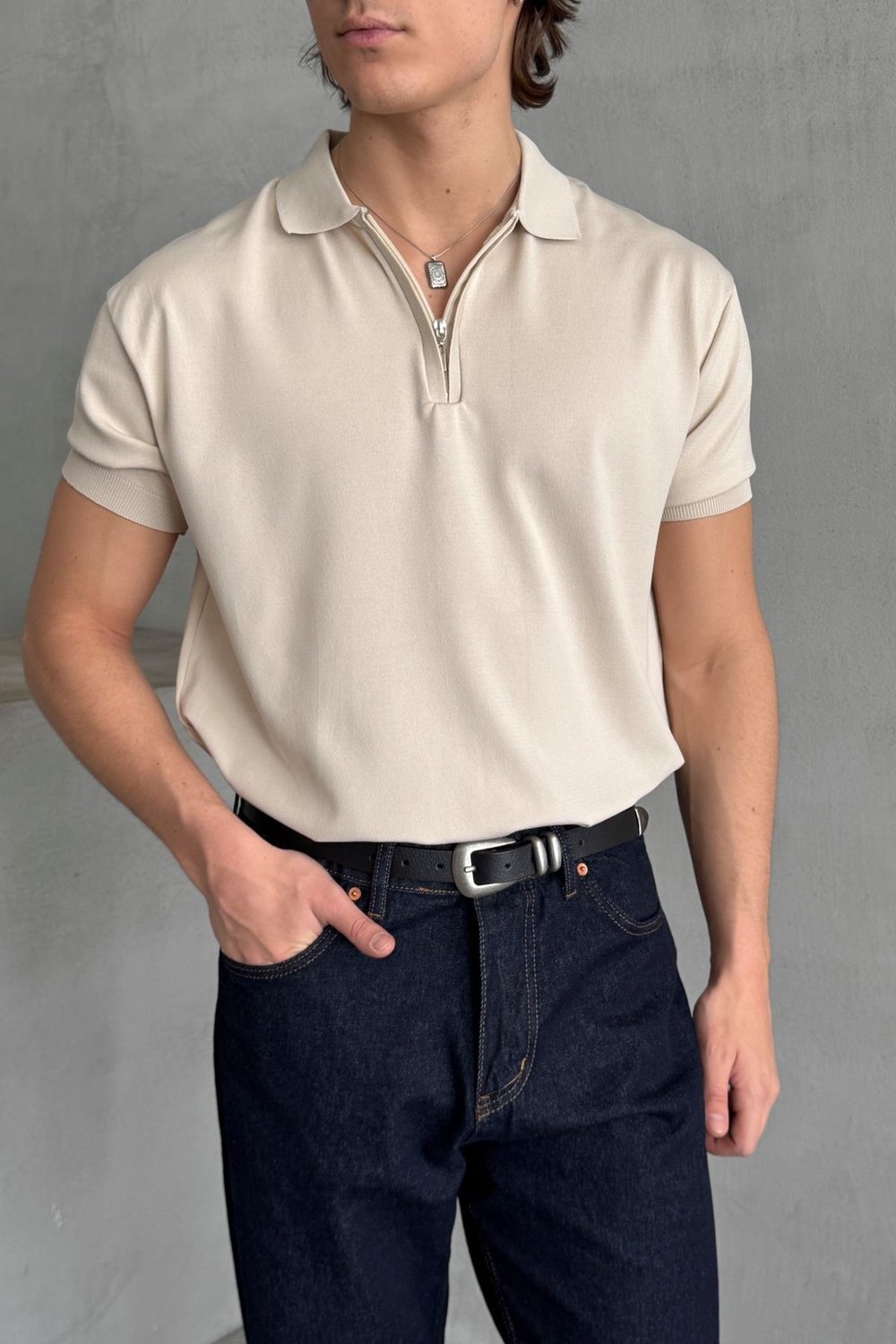 Erkek Oversize Fermuarlı Polo Yaka Triko T-Shirt Bej