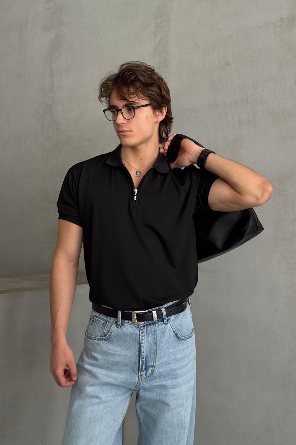 Erkek Oversize Fermuarlı Polo Yaka Triko T-Shirt Siyah
