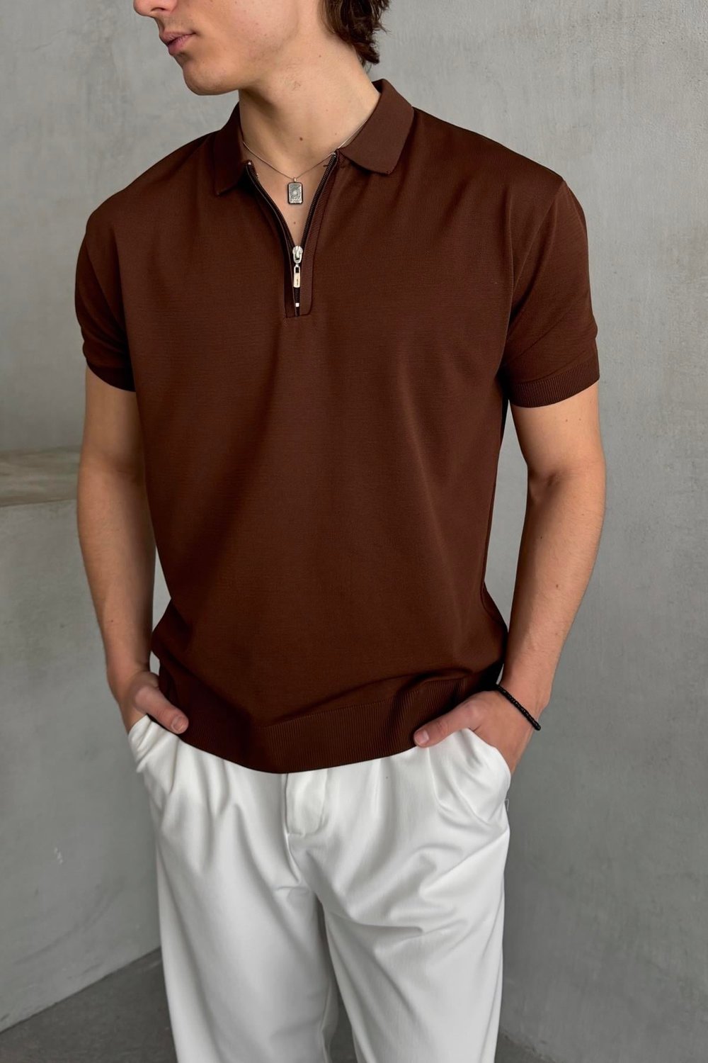 Erkek Oversize Fermuarlı Polo Yaka Triko T-Shirt Kahverengi