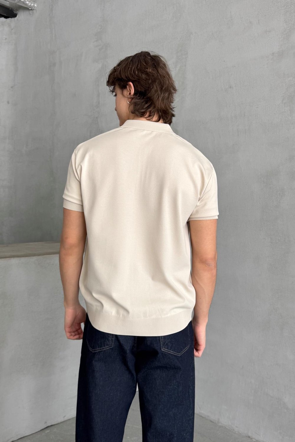 Erkek Oversize Fermuarlı Polo Yaka Triko T-Shirt Bej